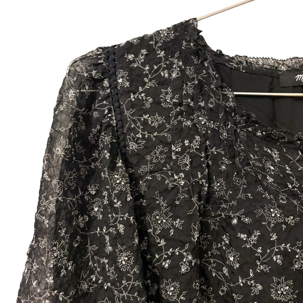 Madewell Black Floral Crinkled Bell Sleeve Knee Length Dress L - Picture 5 of 8